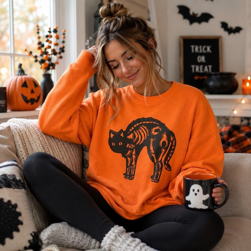 Hyde and Eek Women’s Large Orange Skeleton Cat Halloween Fleece Sweatshirt